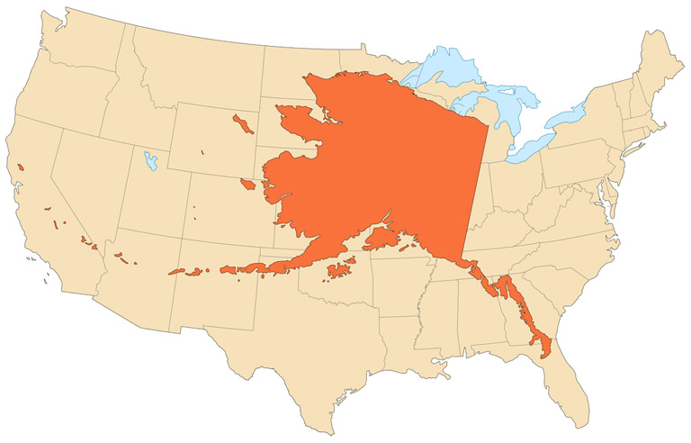 Explore McCarthy - Comparison map of USA and Alaska size